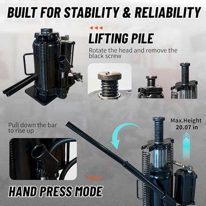 20 Ton Low Profile Air Hydraulic Bottle Jack with Air-Powered or Manual Operation, One-Piece Hydraulic Cylinder Design, Air Bottle Jack with Independent Air Pump Body and Carry Handle - color: Black, size: 20 Ton