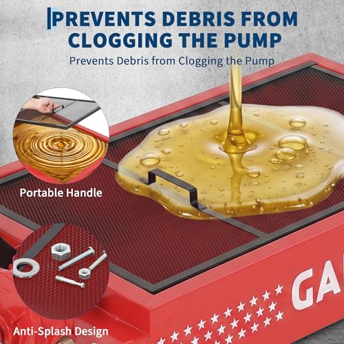Garvee 15 Gal Oil Drain Pan with Pump & 8 ft Hose, Low Profile Design - color: Red, size: 15 Gal + Manual
