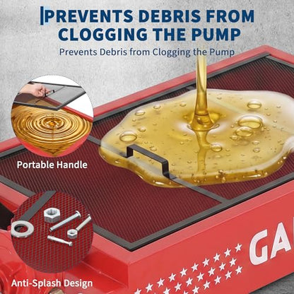 Garvee 15 Gal Oil Drain Pan with Pump & 8 ft Hose, Low Profile Design - color: Red, size: 15 Gal + Manual