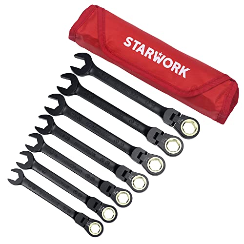 STARWORK TRUE MECHANIC™ 7-Piece 2-in-1 Flex-Head Ratcheting Wrench Set with Rolling Pouch, 120-Tooth, SAE&Metric - size: 7-Piece 120-Tooth Flex-Head