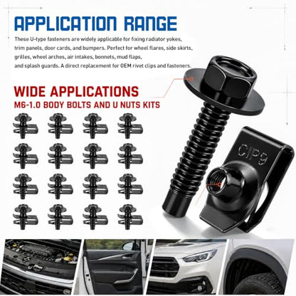 100PCS Automotive Body Bolt & U Nut Kit, M6-1.0 Hex Head Screws with Extruded U-Nuts Clips, Fender Liner, Splash Shield, Engine Under Cover, Bumper & Hood Fastener Assortment (50 Sets) - color: Black M6 x 1.0