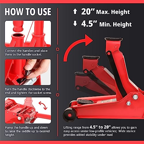 DNA Motoring Low Profile Hydraulic Trolley Service/Floor Jack, 4 Ton (8000 lbs) Capacity, Lifting Range 4.5"-20",Red,TOOLS-00307 - color: Red, style: 4 ton