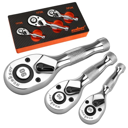HORUSDY 3 Piece 90T Stubby Ratchet Handle Set, 1/4" 3/8" 1/2" Drive Mini Socket Wrench, Compact Reversible Ratchets for Tight Spaces, Car & Home Repair, DIY, Mechanic Tool - color: 1/4" 3/8" 1/2" Drive 90t Set Silver