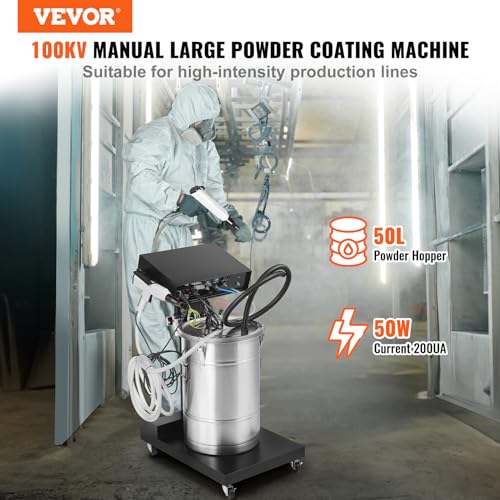 VEVOR Powder Coating System, 50W 100KV Electrostatic Output Machine with 50L Powder Hopper, 450g Per Minute Kit with Spray Gun and Trolley Base, Indoor and Outdoor - size: 500g/min