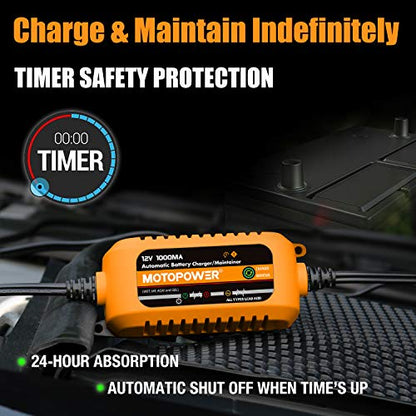 MOTOPOWER 12V 1000mA Automatic Charger - Battery Maintenance - Maintain Charger and Battery Desulfator with Timer Protection. - color: Orange