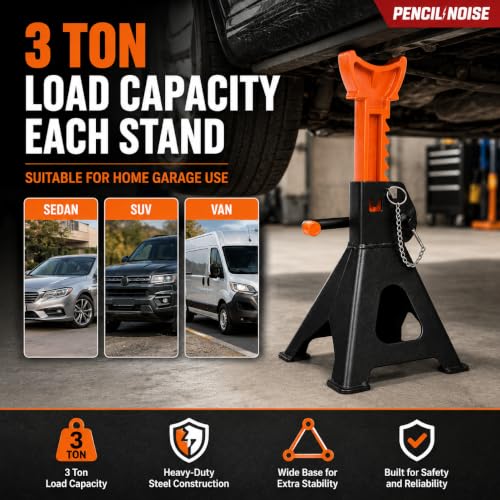 3 Ton Jack Stands with Double Locking and Large Foot Base, Car Jack Stand for SUV, UTV/ATV, Garage Lifting Tool Emergency, Black Orange, Set of 2 - color: Black Orange