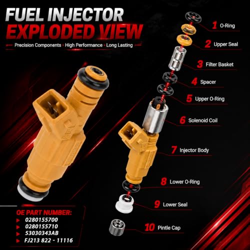 Fuel Injector 4‑Hole, Replacement for Jeep Cherokee, Grand Cherokee, Wrangler, Comanche 4.0L L6, Replace OE#0280155700,0280155710,53030343AB - size: 0280155700