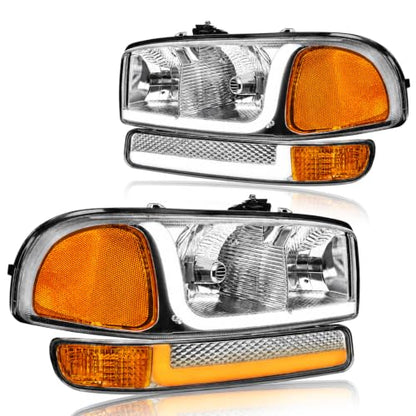 fit1999-2006 GMC Sierra 1500 2500 3500 Headlights w/Dual LED DRL for Yukon XL 1500 2500 NO Denali Trim Models Chrome Housing Amber Reflector - color: Chrome Housing Amber Reflector