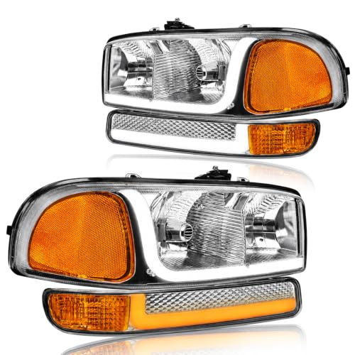 fit1999-2006 GMC Sierra 1500 2500 3500 Headlights w/Dual LED DRL for Yukon XL 1500 2500 NO Denali Trim Models Chrome Housing Amber Reflector - color: Chrome Housing Amber Reflector