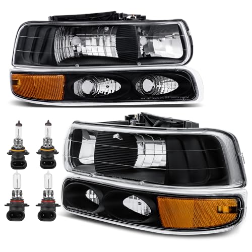KUIPERAUTO Headlight Assembly Front Lamp Compatible with 1999-2002 Chevrolet Silverado 1500 2500 2000-2006 Suburban 1500 2500 Tahoe Black Housing/Clear lens/Amber Corner w/Bulb - color: Black/Clear/Amber