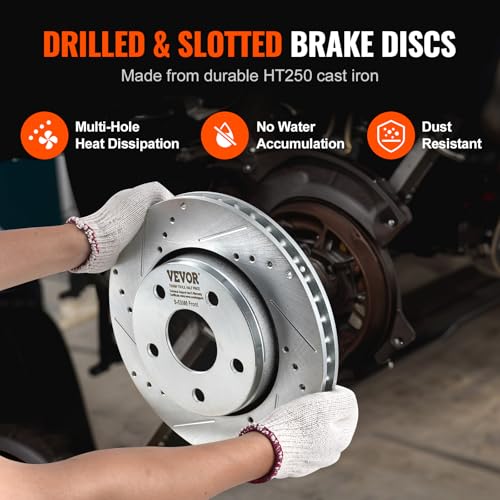 VEVOR Front and Rear Brake Kit Compatible with 2007-2017 Jeep Wrangler, Drilled and Slotted Brake Rotors Ceramic Brake Pads Replacement, 11.9" Front Rotors 12.4" Rear - size: S-53040 + S-53041