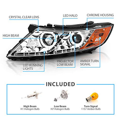 AmeriLite for 2011-2015 Kia Optima Halogen Model Xtreme LED Halo Rings Projector Chrome Replacement Headlights Set - Driver and Passenger Side - color: Chrome