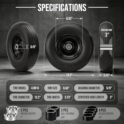 13" Flat Free 4.00-6 Tire 5/8"-3/4" Bearings for Wheelbarrow 1-Pack