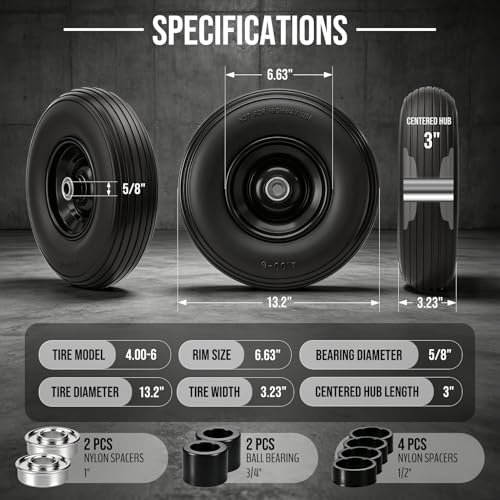 13" Flat Free 4.00-6 Tire 5/8"-3/4" Bearings for Wheelbarrow 1-Pack