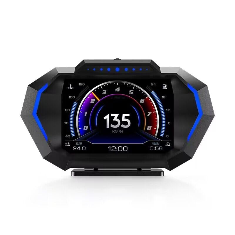 AZIJYV Obd2 Gauge Display with Speed, Heads Up Display for Cars P24, Fuel Consumption, RPM, Overspeed Alarm, OBD+GPS Digital Speedometer Suitable for All Car