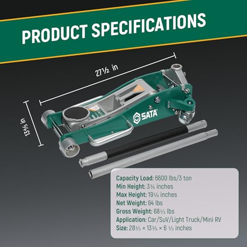 SATA 3-Ton (6,600 lb) Aluminum Floor Jack, Low-Profile Design with Dual-Piston Rapid Lift Pump, Tested for 1.5X Overload for Ultimate Safety, 30% Lighter Than Steel Model