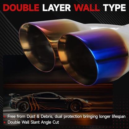 LCGP Dual Exhaust Tip 2.5 inch Inlet 3.5 inch Outlet Universal Car Stainless Steel Angle Cut 2-Packs PVD Blue Tailpipe(left and right) - size: 2.5x3.5x9.25 inch, style: Blue Burnt