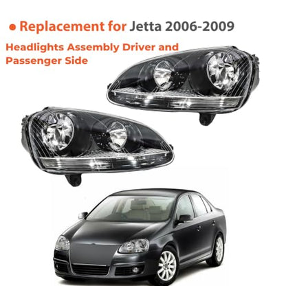 labwork Headlight Assembly Replacement for Jetta 2006-2009 Halogen Black Headlights Lamp Set Driver and Passenger Side 1K6941005S 1K6941006S