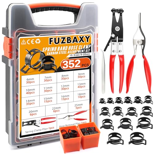 352Pcs Spring Hose Clamp Kit with Pliers 15 Sizes 6-25mm for Fuel Lines - color: 352-piece