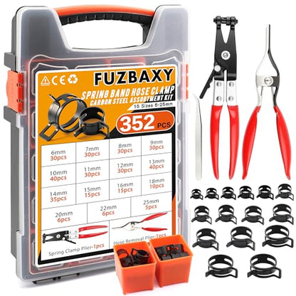 352Pcs Spring Hose Clamp Kit with Pliers 15 Sizes 6-25mm for Fuel Lines - color: 352-piece