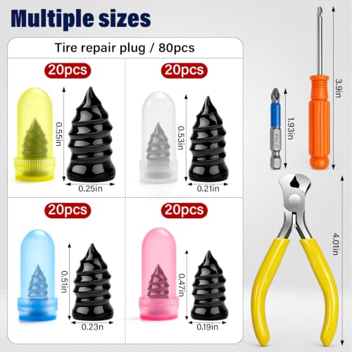 BURMONG 80Pcs Tire Repair Rubber Nails Kit with 4 Sizes,for Car,Motorcycle,