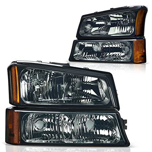 DWVO Headlight Assembly Compatible with 2003-2006 Chevy Silverado Chrome - color: A Black Housing Amber Reflector Smoke Lens