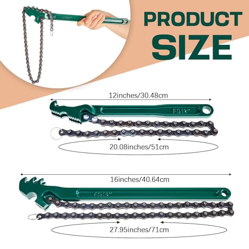Lasnten 2 Pcs Large Chain Oil Filter Wrench with 12 Inch 16 Inch Reversible Chain Wrench Adjustable Heavy Duty Carbon Steel Sturdy Pipe Fittings Tool Spanner Multipurpose Tool for Ratcheting(Green) - color: Green