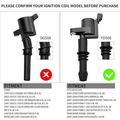 8PCS FD508 Ignition Coil Pack & Spark Plugs Compatible with Ford/Lincoln - size: FD508