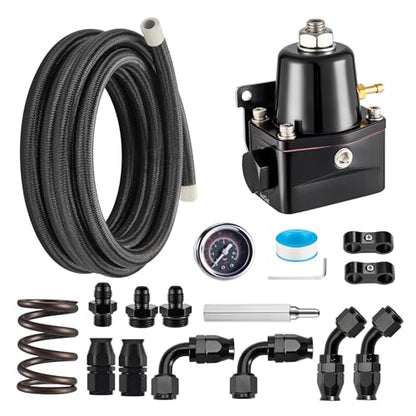 EVIL ENERGY EFI Fuel Pressure Regulator Kit Adjustable (20-120PSI) with Gauge 6AN PTFE Fuel Line Hose Fitting Connectors Kit Universal Aluminum (black) - color: Black