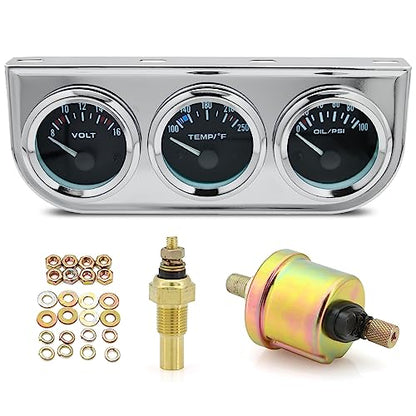 ARTILAURA 52mm Triple Gauge Set (Oil Pressure + Water Temp + Volt) 3 in1 Black AUTO Gauges 3 Set Cluster Kit Dashboard with Silver Console for 12V Cars - color: Silver & Black