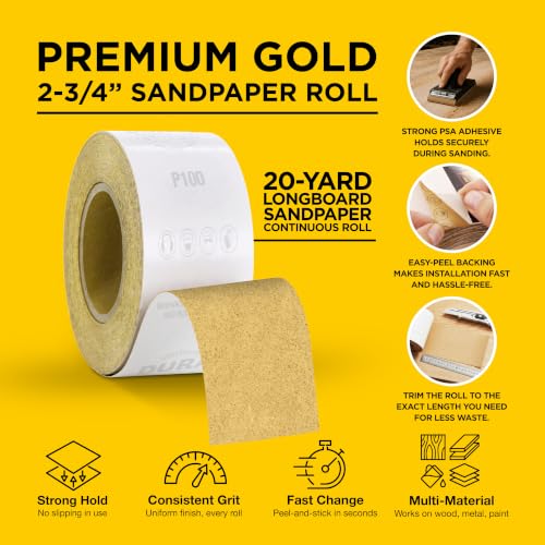 Dura-Gold Gold PSA Longboard Sandpaper, 80 Grit, 20 Yard Roll, 2-3/4" Wide - size: 80-Grit