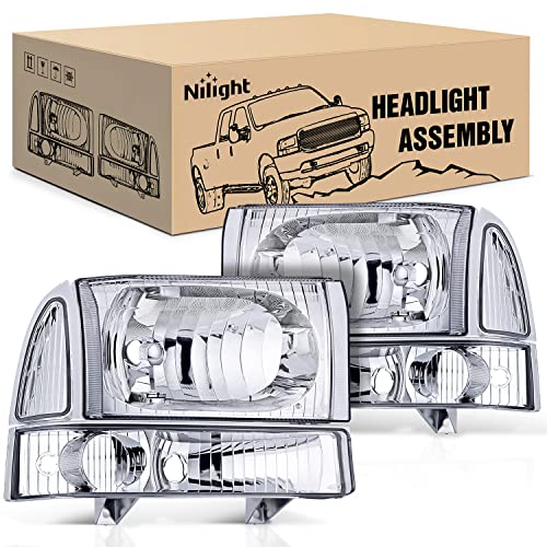 Nilight Headlight Assembly 1999 2000 2001 2002 2003 2004 F250 F350 F450 F550 Super Duty,Headlights Assembly Replacement,Chrome Housing Clear Corner Clear Lens,4 Pack - color: Chrome Housing + Clear Reflector, size: 1999-2004 F250-F550