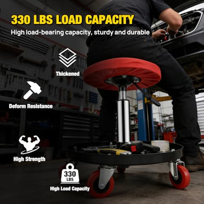 Nilight Rolling Mechanic Stool 330LBS Pneumatic Adjustable Swivel PU Seat - color: Black Red 330lbs