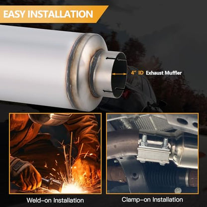 4 Inch Exhaust Muffler with Clamp, 4" Inlet/Outlet 30" Overall Length Resonator, Stainless Steel Straight Through Design Performance Muffler with Clamp, 1 PC - size: 4'' inlet, 7'' body width