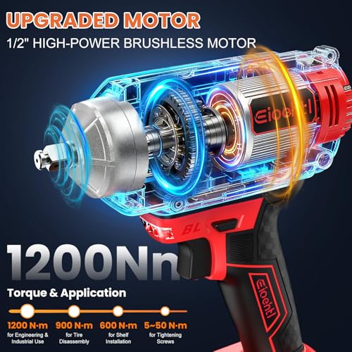 Cordless Impact Wrench 885 Ft-lbs (1200N·m), Brushless 1/2" High Torque 5500 RPM Impact Gun, 2×4.0Ah Batteries, 5 Impact Sockets, Extension Bar & Drill/Driver Bit Set for Car, Home & DIY Projects