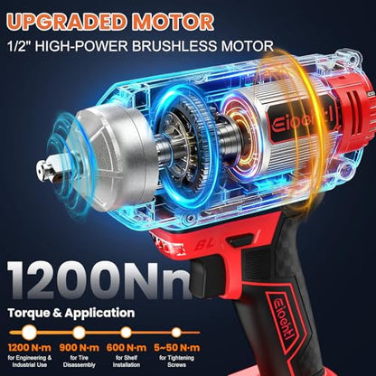 Cordless Impact Wrench 885 Ft-lbs (1200N·m), Brushless 1/2" High Torque 5500 RPM Impact Gun, 2×4.0Ah Batteries, 5 Impact Sockets, Extension Bar & Drill/Driver Bit Set for Car, Home & DIY Projects