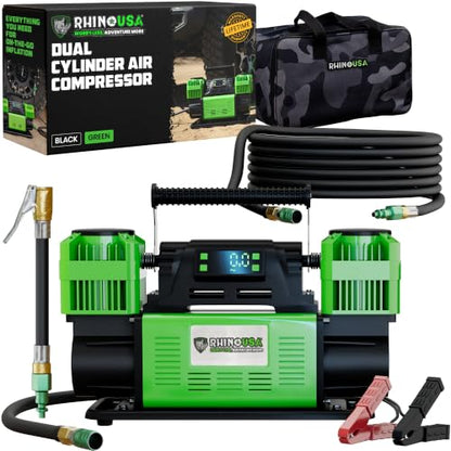 Rhino USA Dual Tire Air Compressor - 12V Portable Pump with Pressure Gauge
