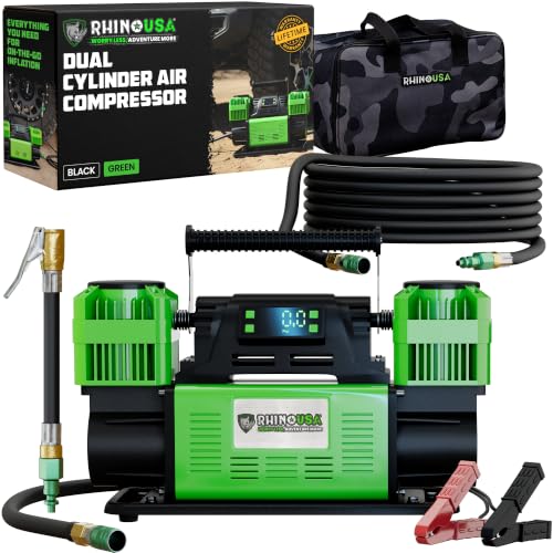 Rhino USA Dual Tire Air Compressor - 12V Portable Pump with Pressure Gauge