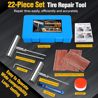 BETOOLL Universal Tire Repair Kit, Heavy Duty 22 Pcs Emergency Tire Plug Kit, for car Motorcycle, Truck, ARB，ATV, Tractor, RV, SUV, Trailer - size: 07- 22pcs (Blue)