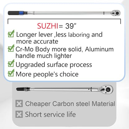 SuZhi 3/4 Inch torque wrench 100-600 ft lb /135.6-813.6 N.M/Aluminum Alloy handle & Cr-Mo Material Head, Heavy Duty, Professional,Dual Direction, Store in Solid Case - size: 3/4 1pc
