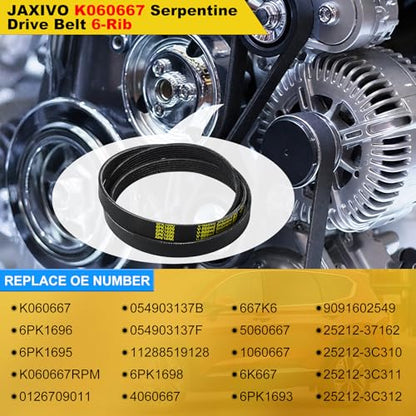 K060667 Serpentine Belt V-Ribbed Drive Belt for 14-18 328d xDrive 2.0L,14-18 X5 xDrive 35d 3.0L,11-12 Mustang GT 5.0L,13-18 Santa Fe 3.3L,03-08 Tiburon 2.7L Replace 6PK1696 - size: 6PK1696-1696mm