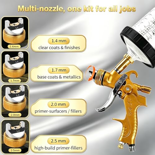 HVLP Spray Gun with 10Pcs 600ML Disposable Paint Cups, 4 Nozzles,1.4/1.7/2.0/2.5mm， Air Compressor Regulator, Disposable Cups Automotive Gravity Spray Paint Gun for Auto Paint(Gold)