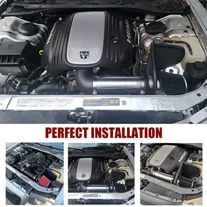 4-Inch Cold Air Intake Kit with Heat Shield + Filter Compatible for Dodge Magnum 2005-2008 ; Charger 2006-2010; Challenger 2008-2010; Chrysler 300 2005-2010 5.7L 6.1L V8 (Black Tube & Red Filter) - style: Black Tube & Red Filter