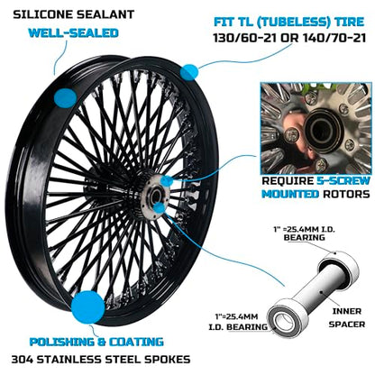 FatFlex Front Wheel for Harley Touring 2000-2007 21” Black Dual Disc - style: 21*3.5'' Black Spokes & Black Rims
