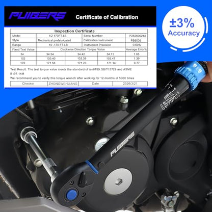 10-170FT 1/2'' Torque Wrench Socket Set, 17mm 19mm 21mm Wheel Sockets with 3/8" Drive Adapter and Extension Bar 72 Tooth, High Accuracy Laser Marking Scale for Auto Motorcycle Repair - size: 1/2" 10-170 FT.LB - 6 Pcs