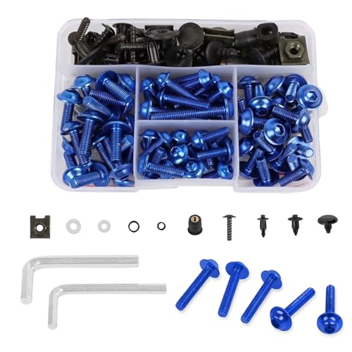 CHIFUN Motorcycle Fairing Bolt Kit, 195 Pcs M5 M6 Aluminum Screws Assortment Kit Plastic Grommets Nuts Washers Clips Universal for Sport Dirt Bike Bodywork Fairing Windscreen (Blue) - color: Blue