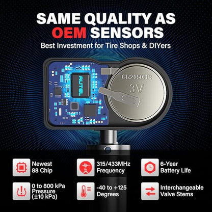 Autel MX-Sensor 2 in 1 (315MHz + 433MHz)(Press-in) 100% Cloneable TPMS Programmable Sensors for Tire Pressure Monitoring System(Metal Valves,Set of 4 Pieces)