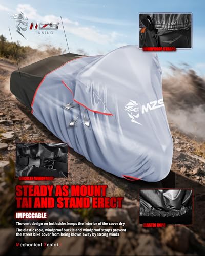 MZS Motorcycle Cover Waterproof Outdoor, Heavy Duty All Season Weather Sun Protection with Storage Bag Vents Night Reflective Cotton Lining Lock Holes fits up to 104" Motorcycles Vehicle Covers