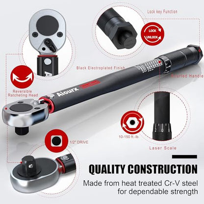 1/2" Drive Click Torque Wrench 8-168 Ft.-Lb, 72 Tooth Dual-Direction Adjustable, Dual Scale, ±3% Accuracy, for Bicycle, Motorcycle, Automotive Repair and Maintenance - size: 1/2"