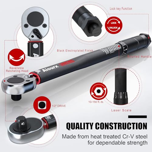 1/2" Drive Click Torque Wrench 8-168 Ft.-Lb, 72 Tooth Dual-Direction Adjustable, Dual Scale, ±3% Accuracy, for Bicycle, Motorcycle, Automotive Repair and Maintenance - size: 1/2"